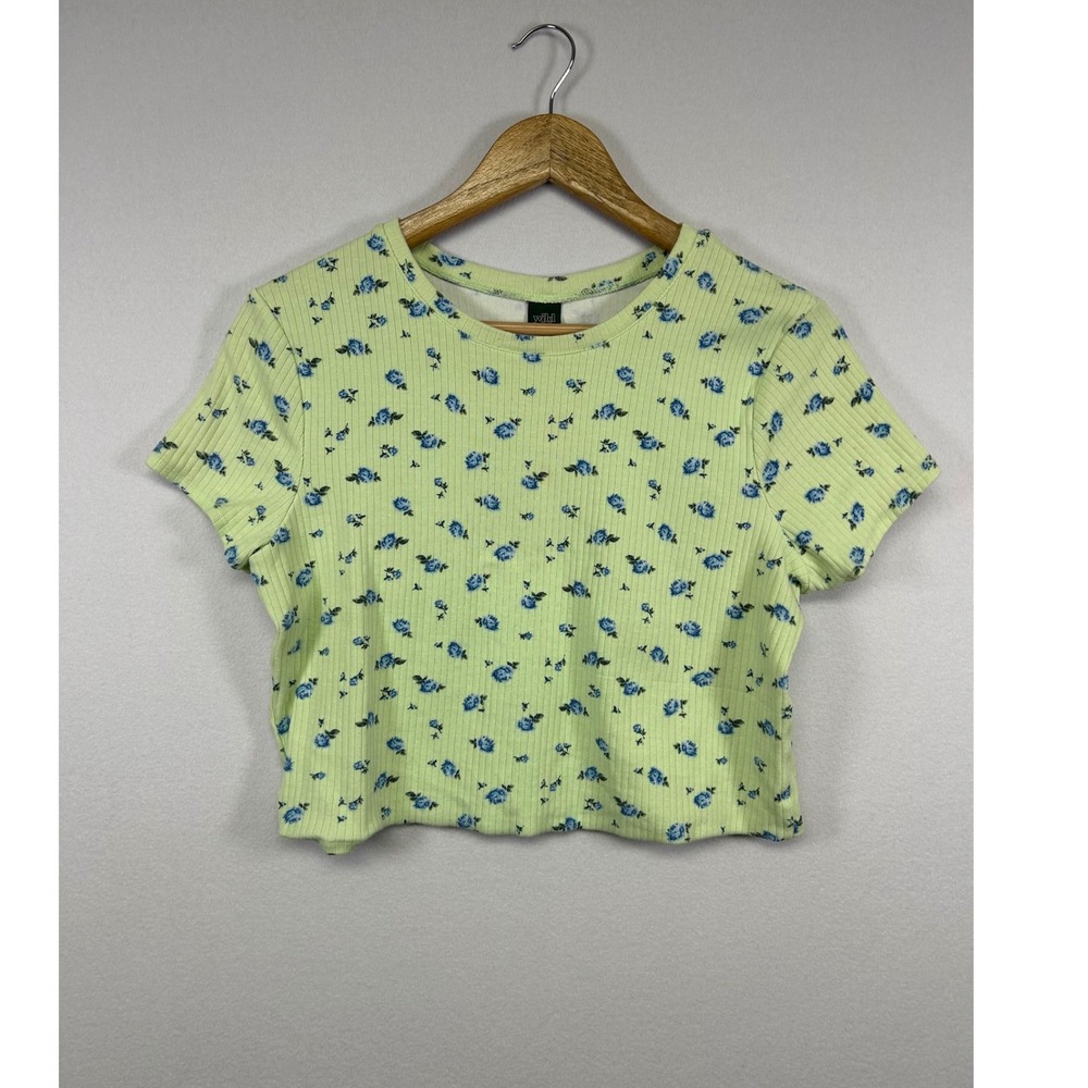 Cottagecore Wild Fable Womens XXL Lime Green Floral Ribbed Short Sleeve Crop Top